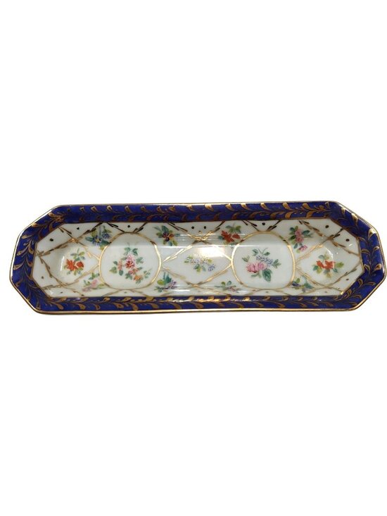 Source Unknown Other - Vintage Asian Porcelain Trinket Tray With Floral Gold Detailing & Blue Accents